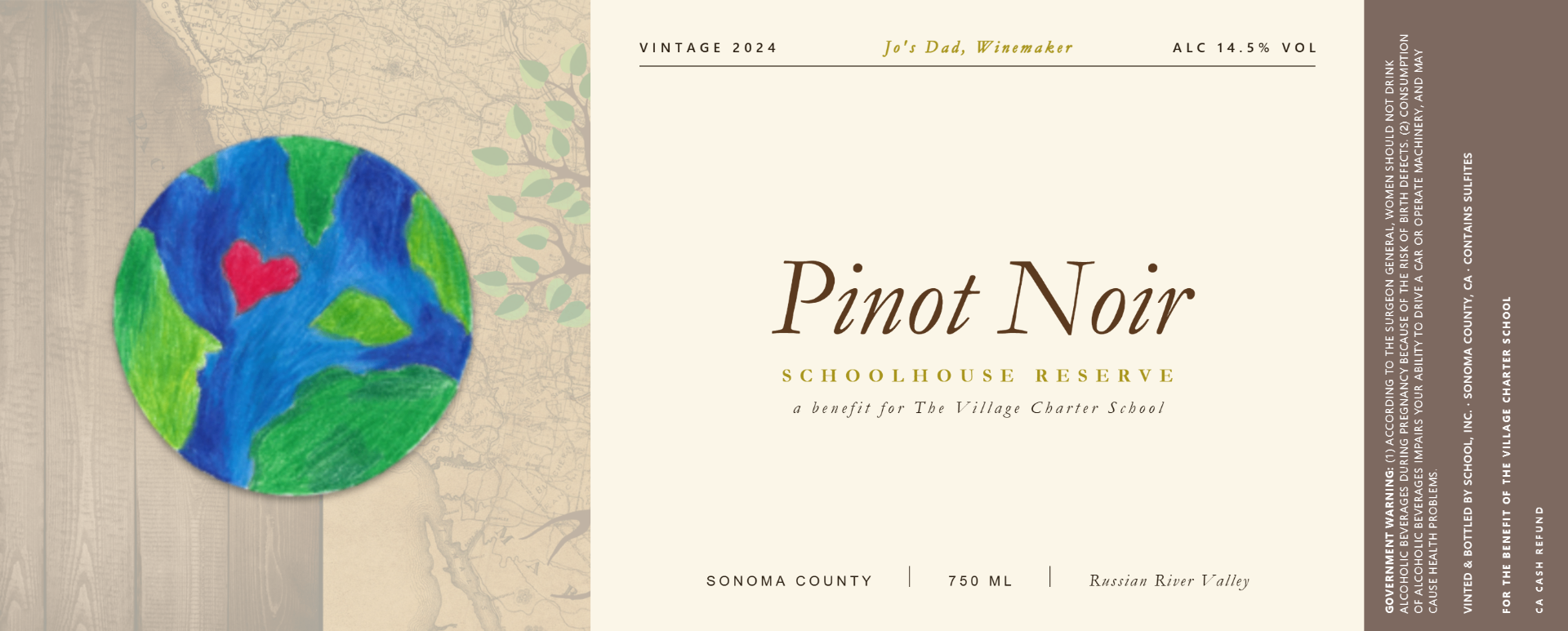 Schoolhouse Reserve Pinot Noir label \u2014 a child's painting of the earth with a red heart